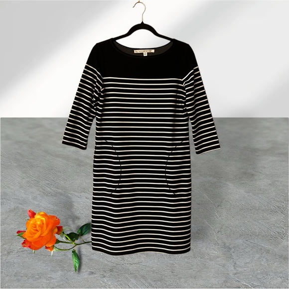Max Studio Black & White Striped 3/4 Sleeve Shift Dress - Picture 11 of 15